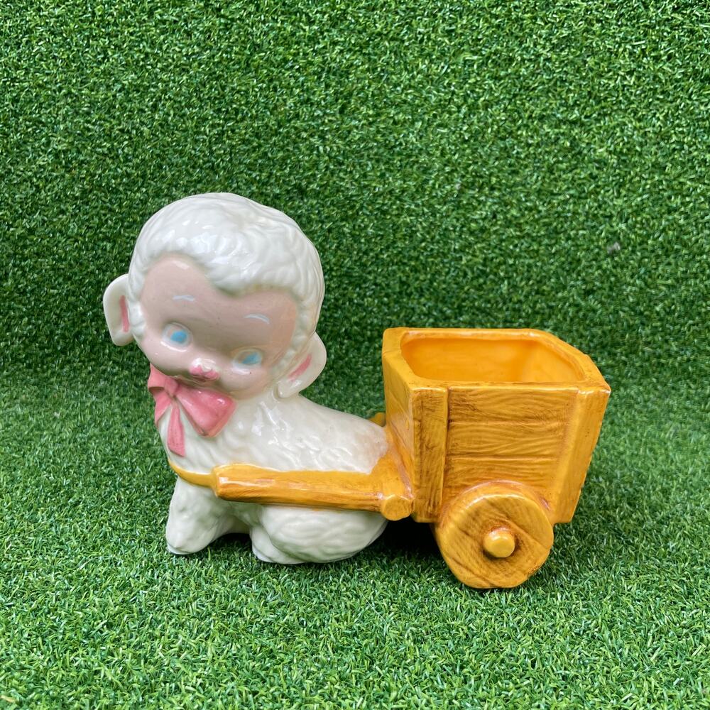 Vintage Ceramic Lamb Planter Pulling Cart Nursery Baby Decor Mid Century